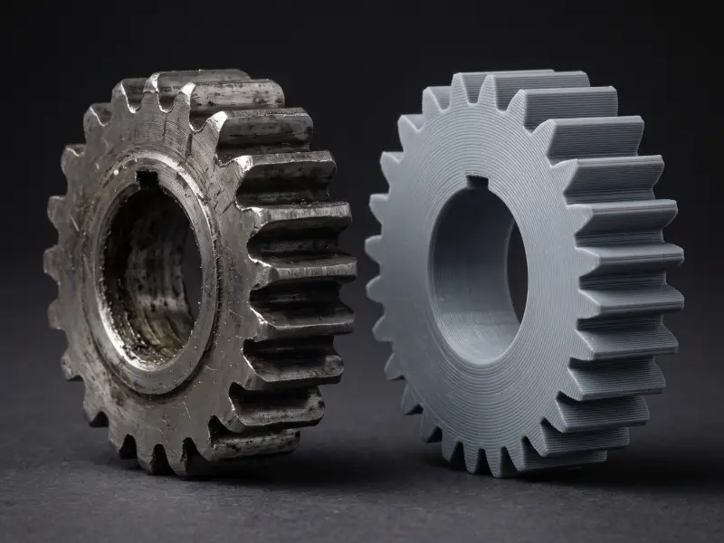Ein altes, abgenutztes Zahnrad neben dem frisch 3D-gedruckten Ersatz mit sichtbaren Schichtlinien