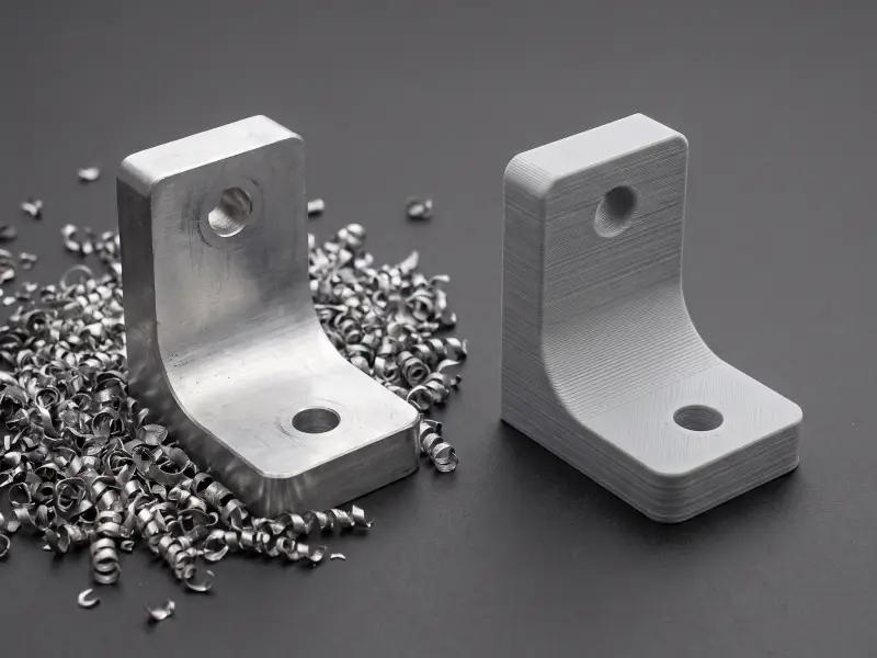 Derselbe Winkel zweimal: links aus Aluminium gefräst mit einem Spänehaufen daneben, rechts gedruckt ohne Abfall