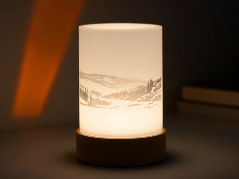 Zylindrische Lithophan-Leuchte, im durchleuchteten Kunststoff erscheint eine Landschaft