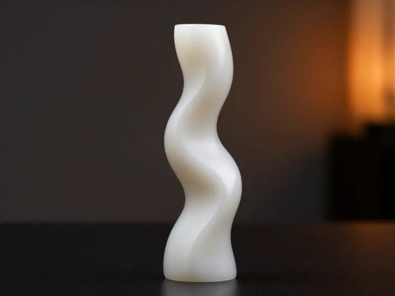 Schlanke geschwungene Skulptur aus weißem Resin, glatte Oberfläche, aufragend