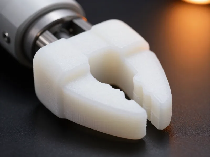 Weißer Zweifingergreifer aus gesintertem Nylon, an einen Roboterflansch geschraubt