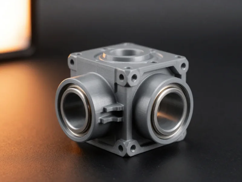 Ventilgehäuse als Prototyp auf dunklem Grund, drei ringförmige Anschlüsse und ein verschraubter Deckel