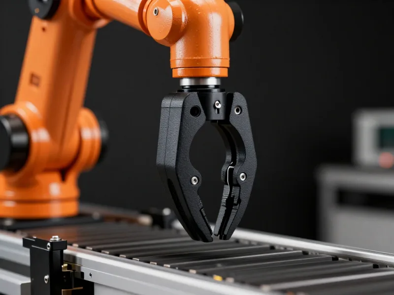 Schwarze gedruckte Greifbacken an einem orangefarbenen Roboterarm, geöffnet über einem Rollenförderer