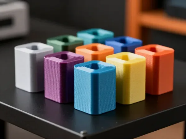 Zehn gedruckte Kleinteile in verschiedenen Farben, in zwei Reihen auf einem dunklen Tisch