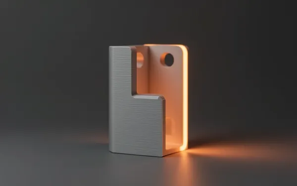 Ein 3D-gedruckter Winkel aus hellgrauem Kunststoff mit zwei Bohrungen, stehend auf einer anthrazitfarbenen Fläche, die Schichtlinien des Drucks sind deutlich zu sehen, von hinten rechts streift oranges Licht die Kanten