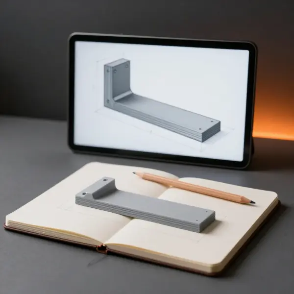 Aufgeschlagener Skizzenblock mit einer Handzeichnung, daneben ein Bildschirm mit dem fertigen 3D-Modell und das gedruckte Bauteil