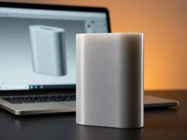 Graues gedrucktes Bauteil vor einem Laptop, auf dessen Bildschirm dasselbe Teil als CAD-Modell steht
