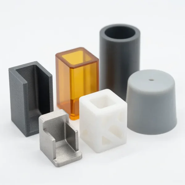 Sechs 3D-gedruckte Bauteile nebeneinander mit deutlich verschiedenen Oberflächen: geschichtet, glasklar bernsteinfarben, mattschwarz, seidenmatt grau, körnig weiß und metallisch gesintert
