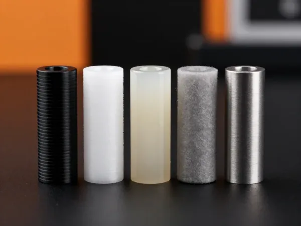 Fünf zylindrische Musterteile nebeneinander: geschichtetes Schwarz, mattes Weiß, durchscheinendes Beige, körniges Grau und gesintertes Metall