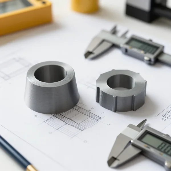 Technische Zeichnung und gefertigtes Bauteil mit Messschieber auf einem Schreibtisch