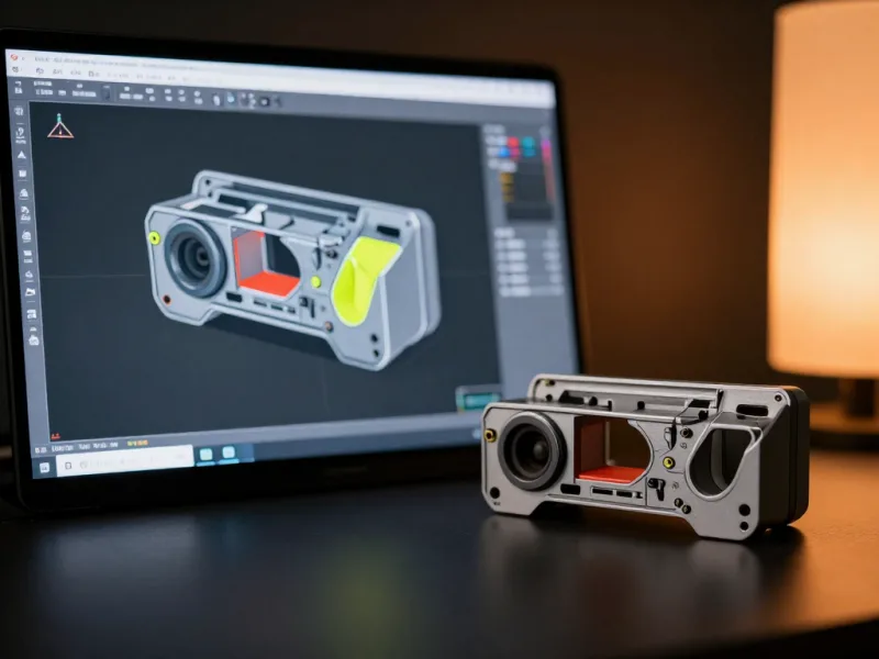 CAD-Modell auf einem Bildschirm mit farbig markierten kritischen Stellen, daneben das reale Bauteil
