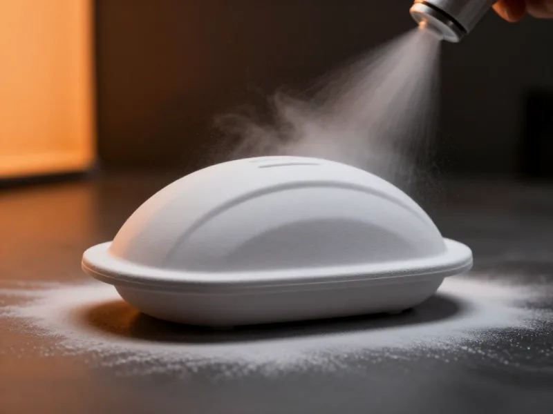 Weißes gewölbtes Bauteil wird aus einer Sprühpistole mit feinem Nebel beschichtet