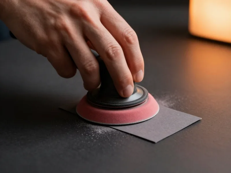 Hand führt einen Exzenterschleifer über ein gedrucktes Bauteil, daneben ein Blatt Schleifpapier