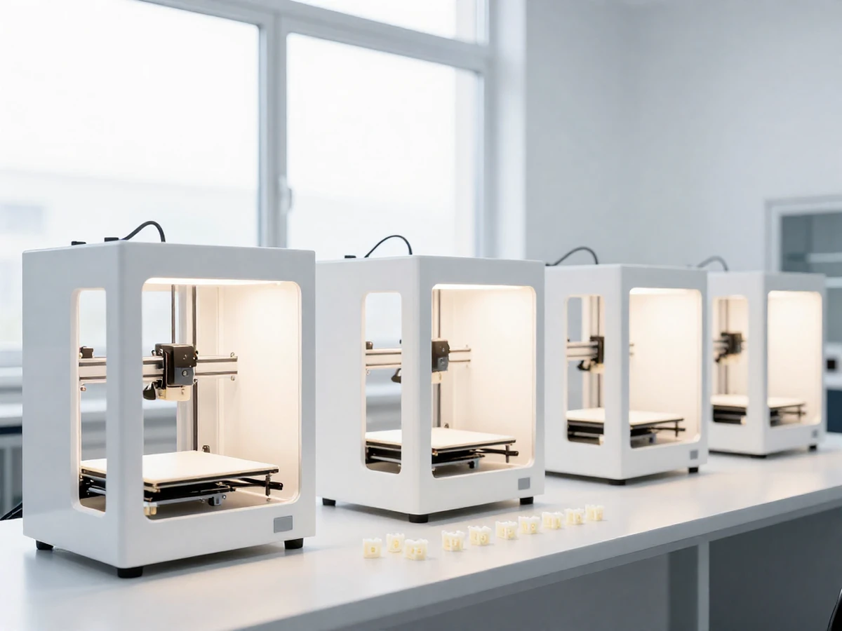 Mehrere 3D-Drucker mit beleuchtetem Bauraum auf einer Werkbank, davor fertig gedruckte Bauteile