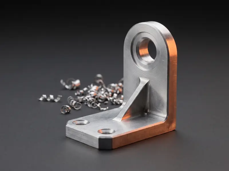 Winkelkonsole aus Aluminium gefräst, mit Lagerauge und angefasten Kanten, Späne daneben