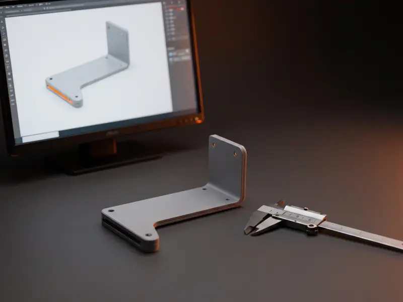 Bildschirm auf einem weißen Schreibtisch zeigt das graue 3D-Modell einer Winkelkonsole, eine Zone der Geometrie ist orange hervorgehoben