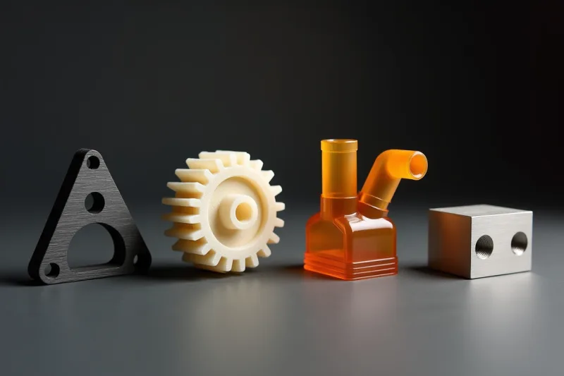 Vier gedruckte Teile nebeneinander auf grauem Grund: eine dunkle Dreieckshalterung mit drei Bohrungen, ein cremefarbenes Zahnrad aus Kunststoffpulver, ein durchscheinendes bernsteinfarbenes Verteilerstück aus Resin und ein blanker Lagerblock aus Metall mit Gewindebohrungen