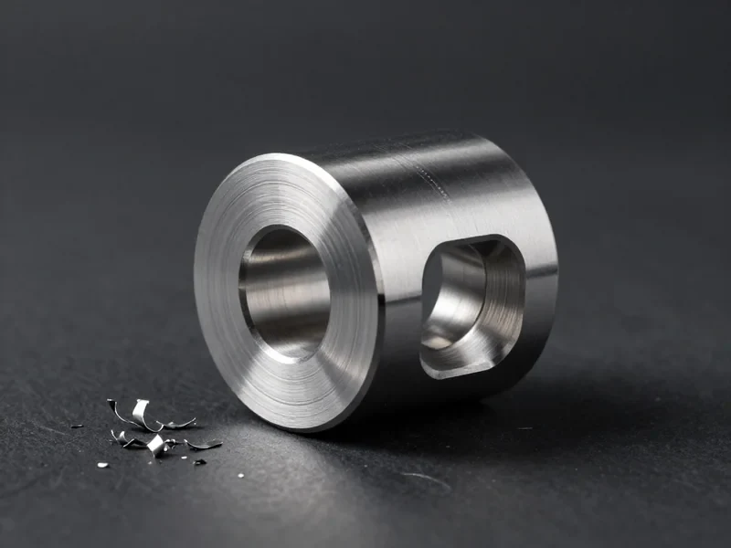 Gefrästes Aluminiumbauteil mit Bohrung, sichtbaren Werkzeugspuren und angefasten Kanten
