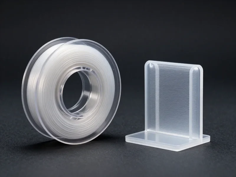 Transparente Filamentspule neben einem durchscheinenden gedruckten Bauteil