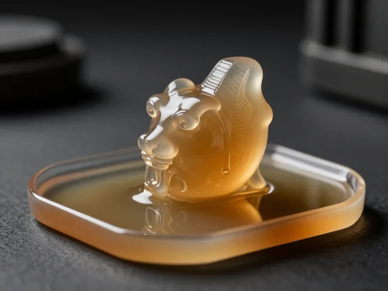 Frisch gedrucktes, glänzendes Bauteil aus bernsteinfarbenem Resin in einer flachen Schale, von dem noch Harz abläuft