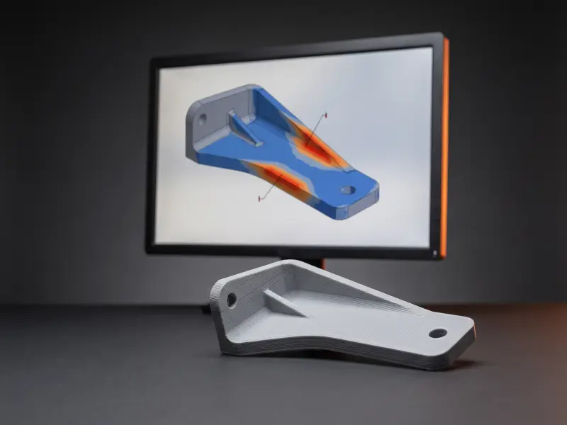 CAD-Modell eines Bauteils auf einem Bildschirm, davor das fertig gedruckte Teil