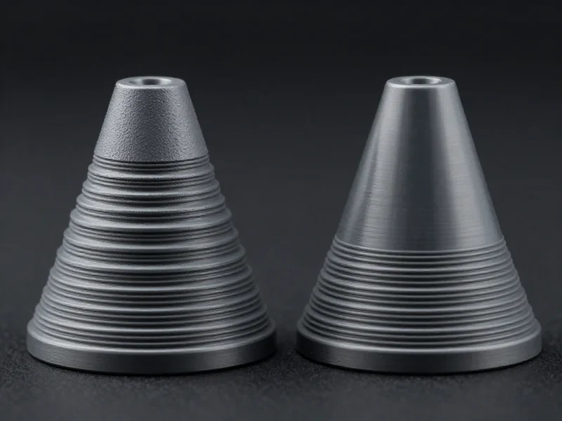 Zwei gleiche Bauteile nebeneinander, links mit groben, rechts mit feinen Schichten